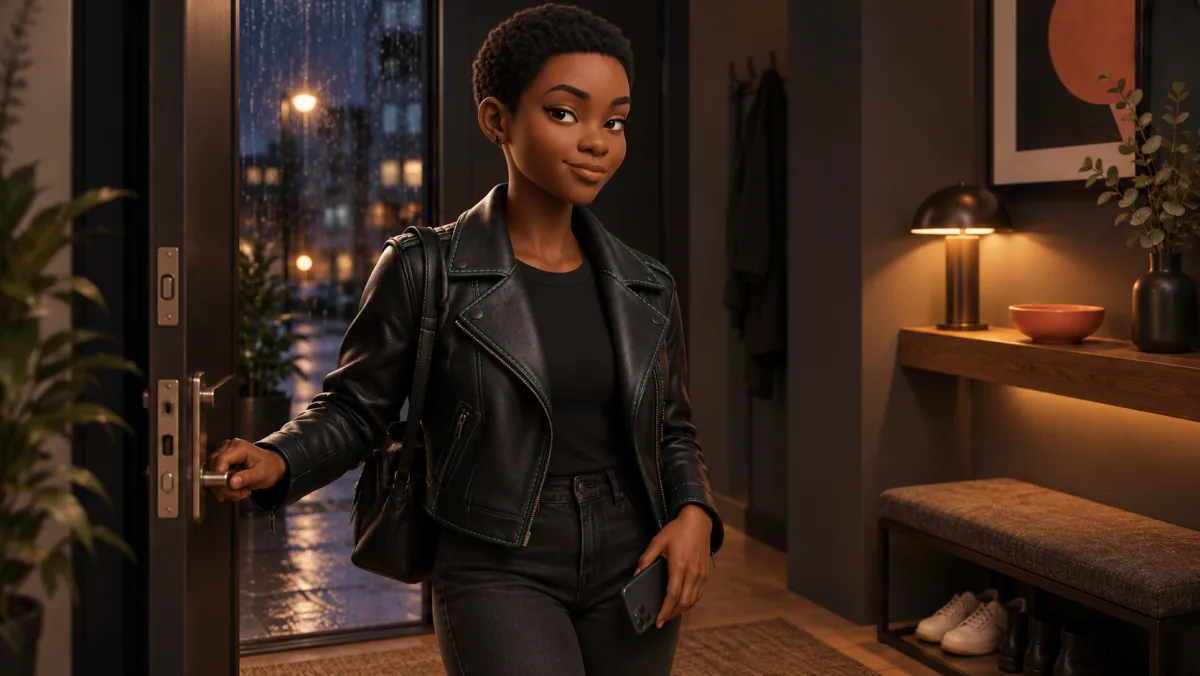 A PingRoom avatar arrives home on a rainy evening.
