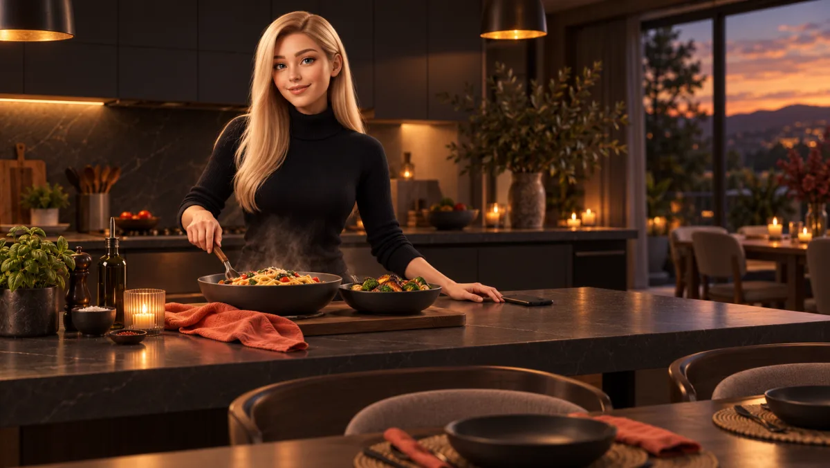 A PingRoom avatar finishing dinner in a warm kitchen