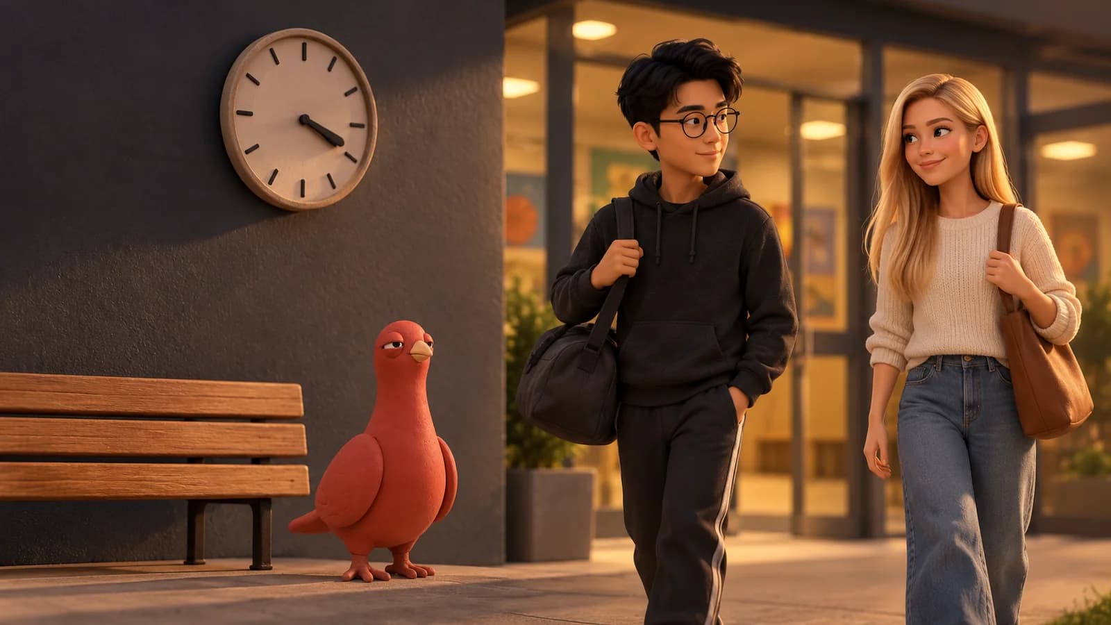 Two family members meet outside an activity center while Pingo waits beside an empty bench and a plain clock.