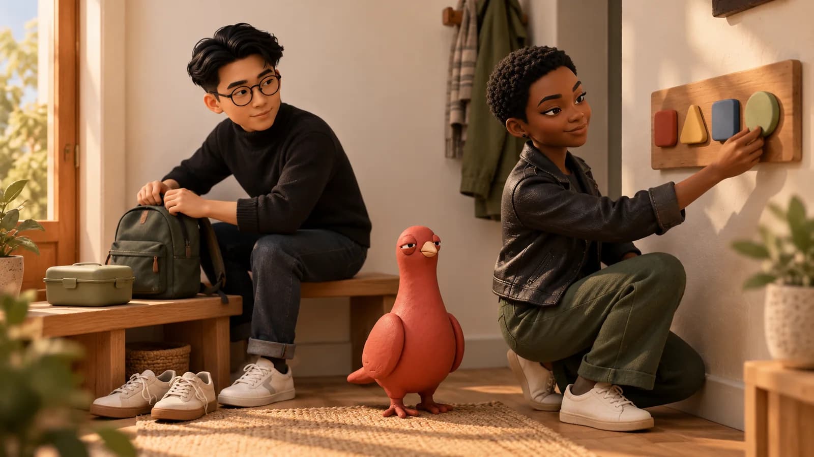 Two PingRoom avatars arrange four clay routine markers in a warm entryway while Pingo waits beside a school backpack.
