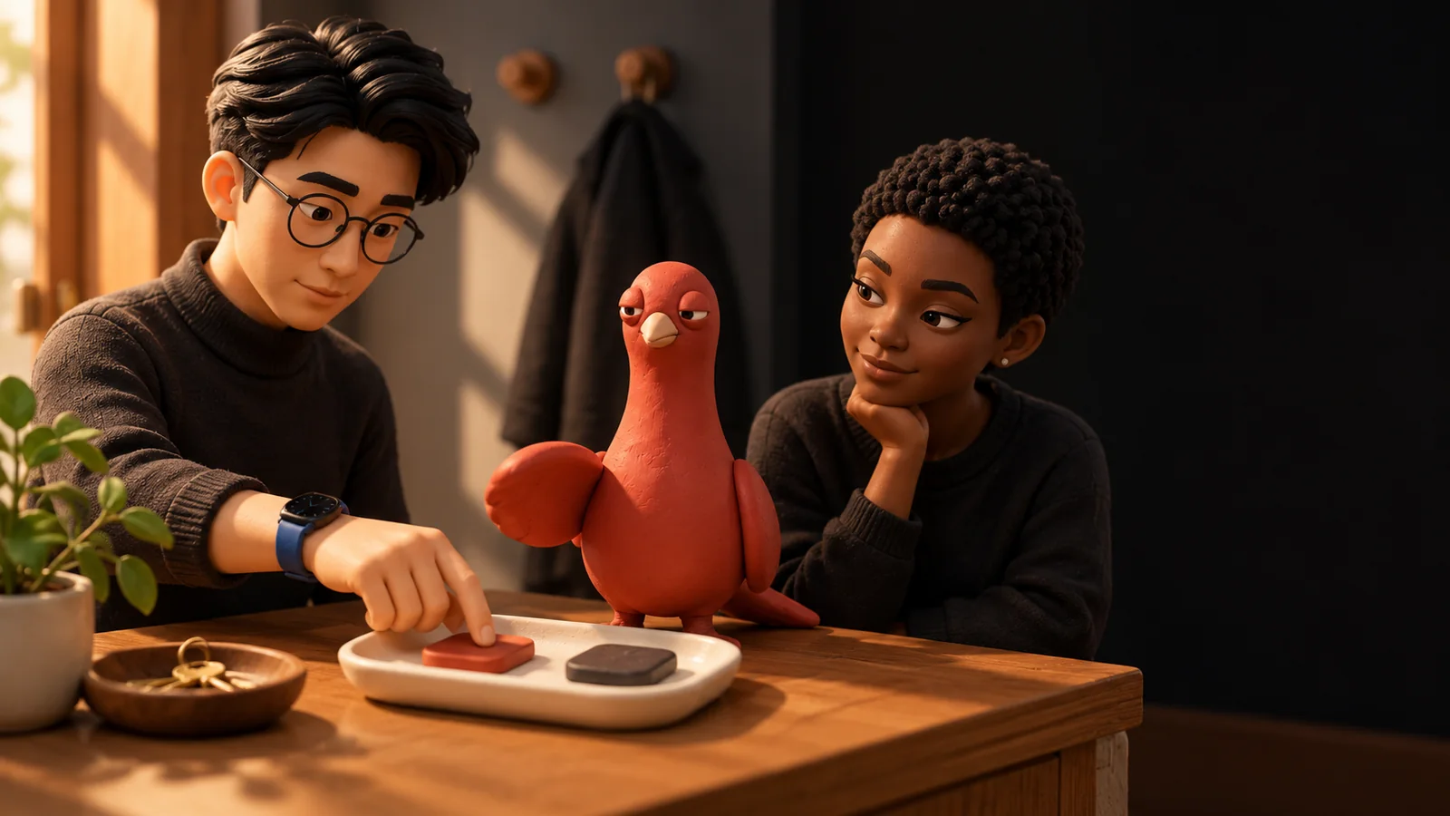 A PingRoom avatar chooses one of two clay answer tiles on a table while another avatar and Pingo the Pigeon watch.