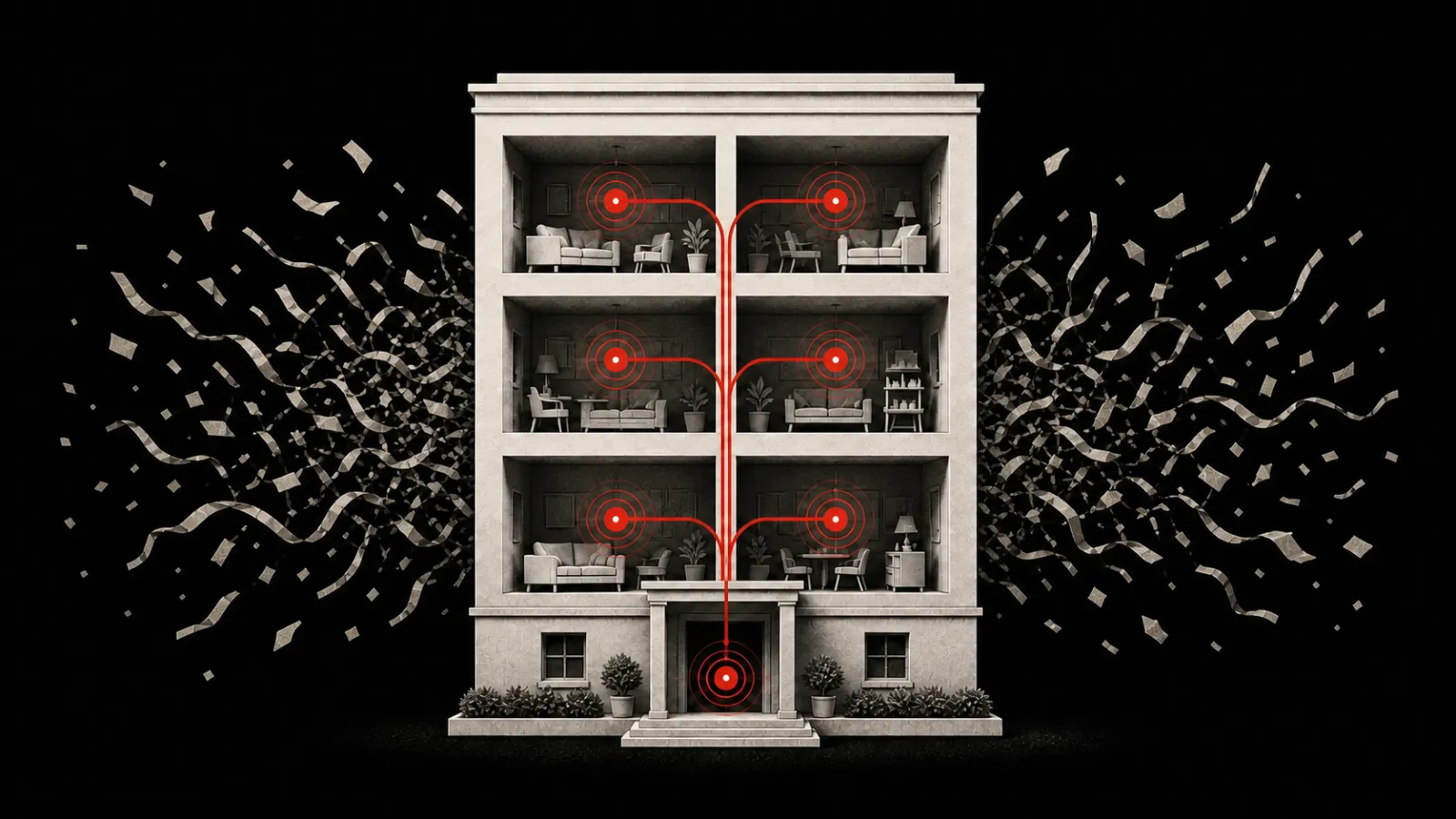 A cutaway apartment building receives one clear red signal while tangled paper noise stays outside.