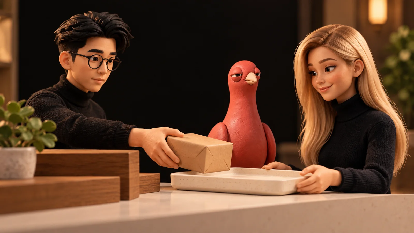 Pingo and two PingRoom avatars at a miniature apartment front desk, with one unmarked parcel moving from an intake shelf to a private handoff tray.