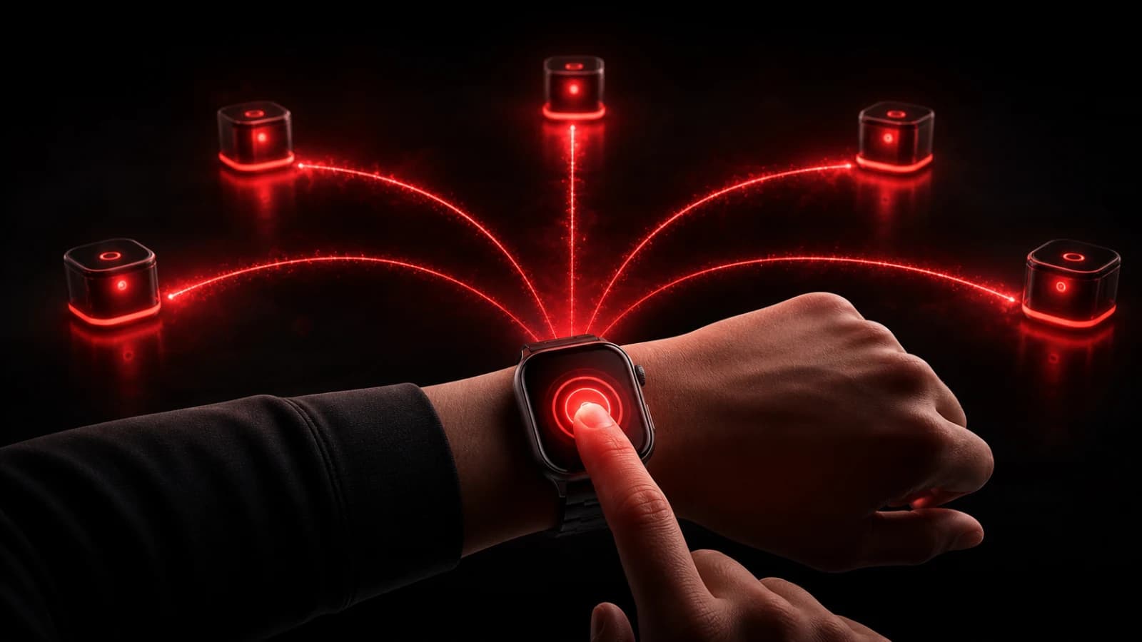 A sleek dark smartwatch sending a single red pulse to a group of phones.