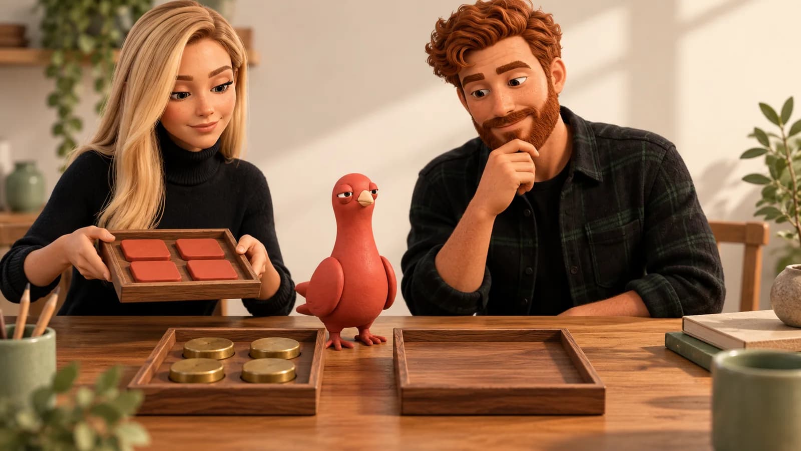 Pingo studies two wooden trays with a blonde PingRoom teammate and a red-haired teammate before either tray is moved.
