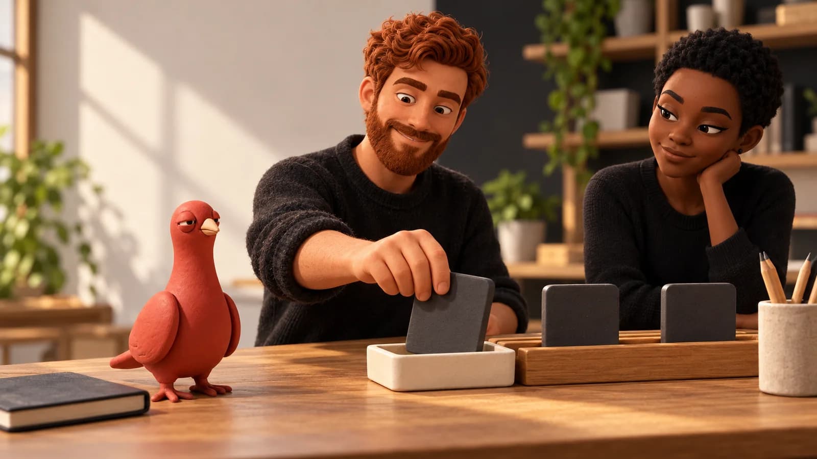 Two PingRoom avatars move one plain task tile into a completion tray while Pingo watches from the project table.