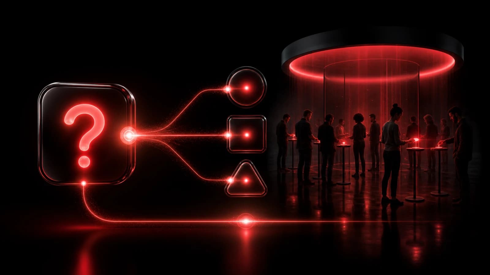 Four dark decision tokens arranged around one bright red question pulse.