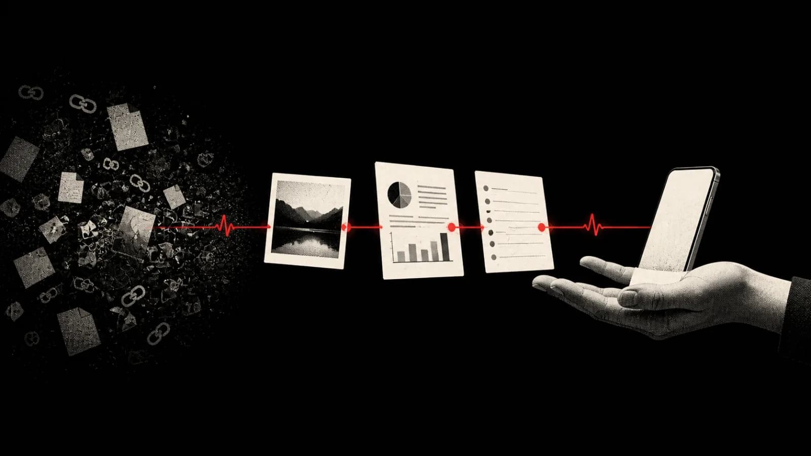A Ping carrying three private document and image tiles through one continuous red signal path.