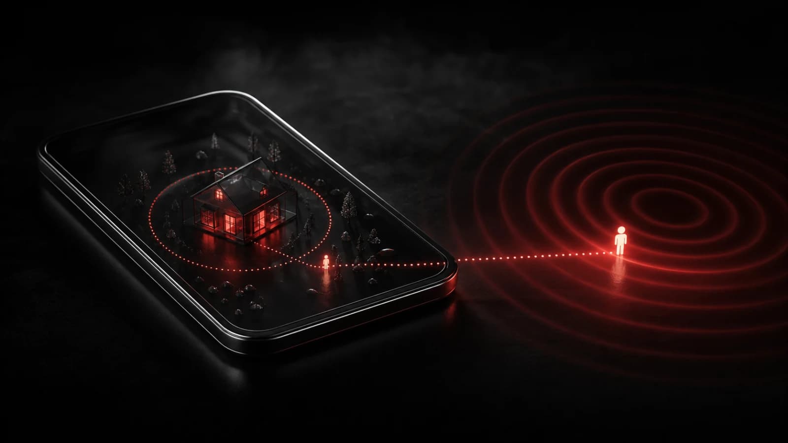 A glowing red arrival boundary surrounding a dark glass location marker.