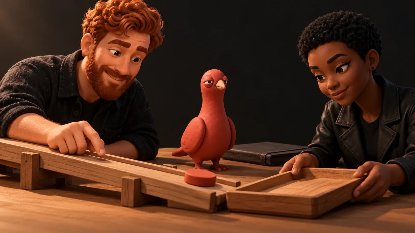 Two PingRoom avatars guide a clay build token toward a receiving tray while Pingo watches beside a closed folio.