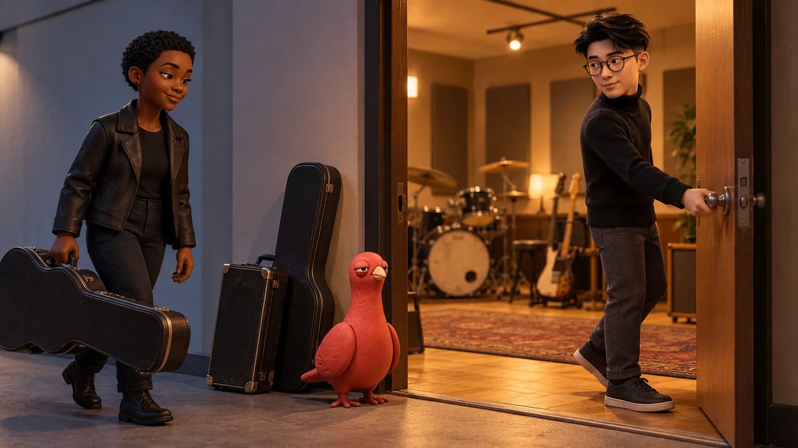 Two PingRoom avatars open a warm rehearsal room with guitars and a drum kit while Pingo waits beside the instrument cases.