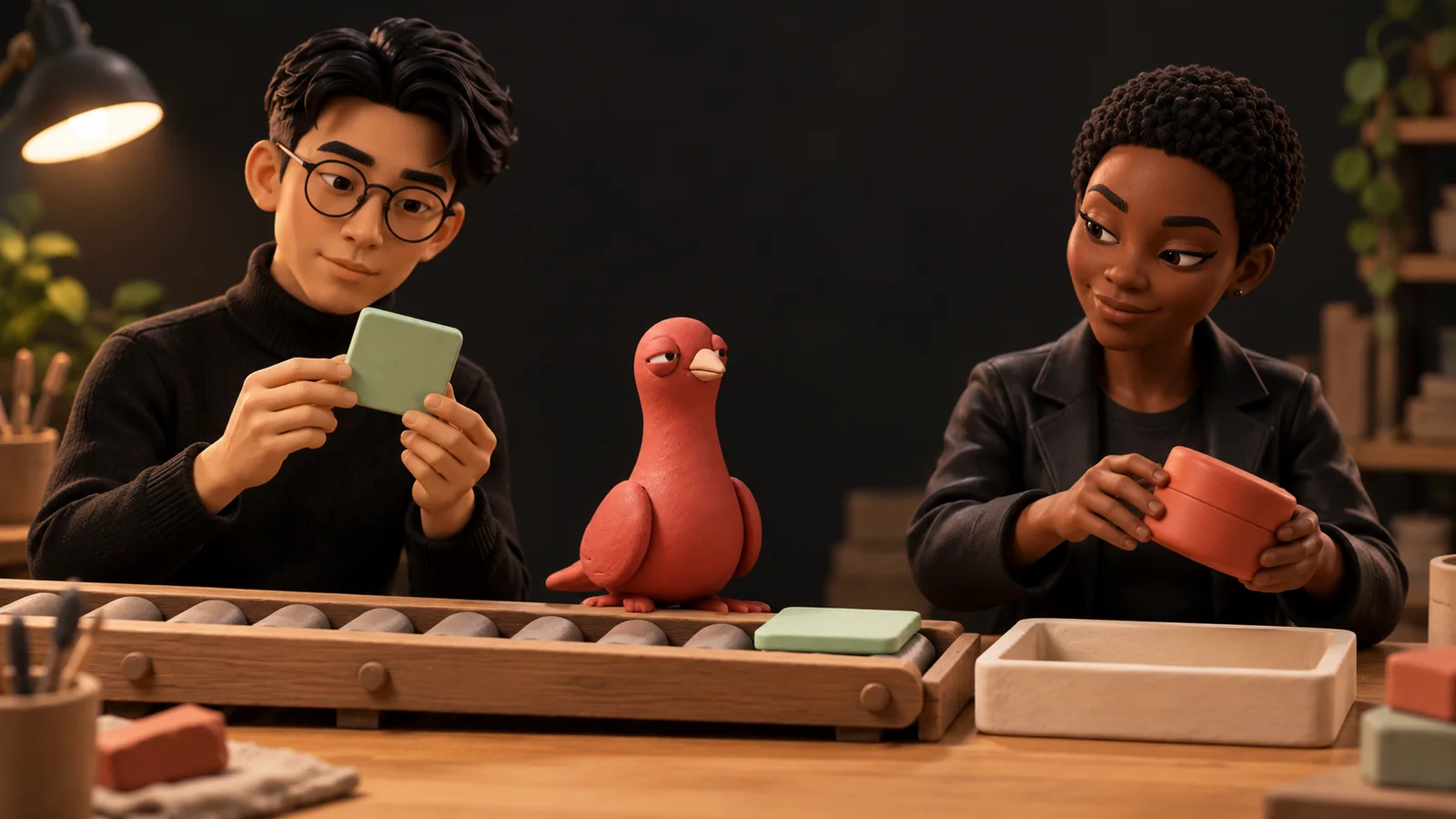 Two PingRoom avatars inspect clay pipeline tokens on a wooden track while Pingo watches the final handoff tray.