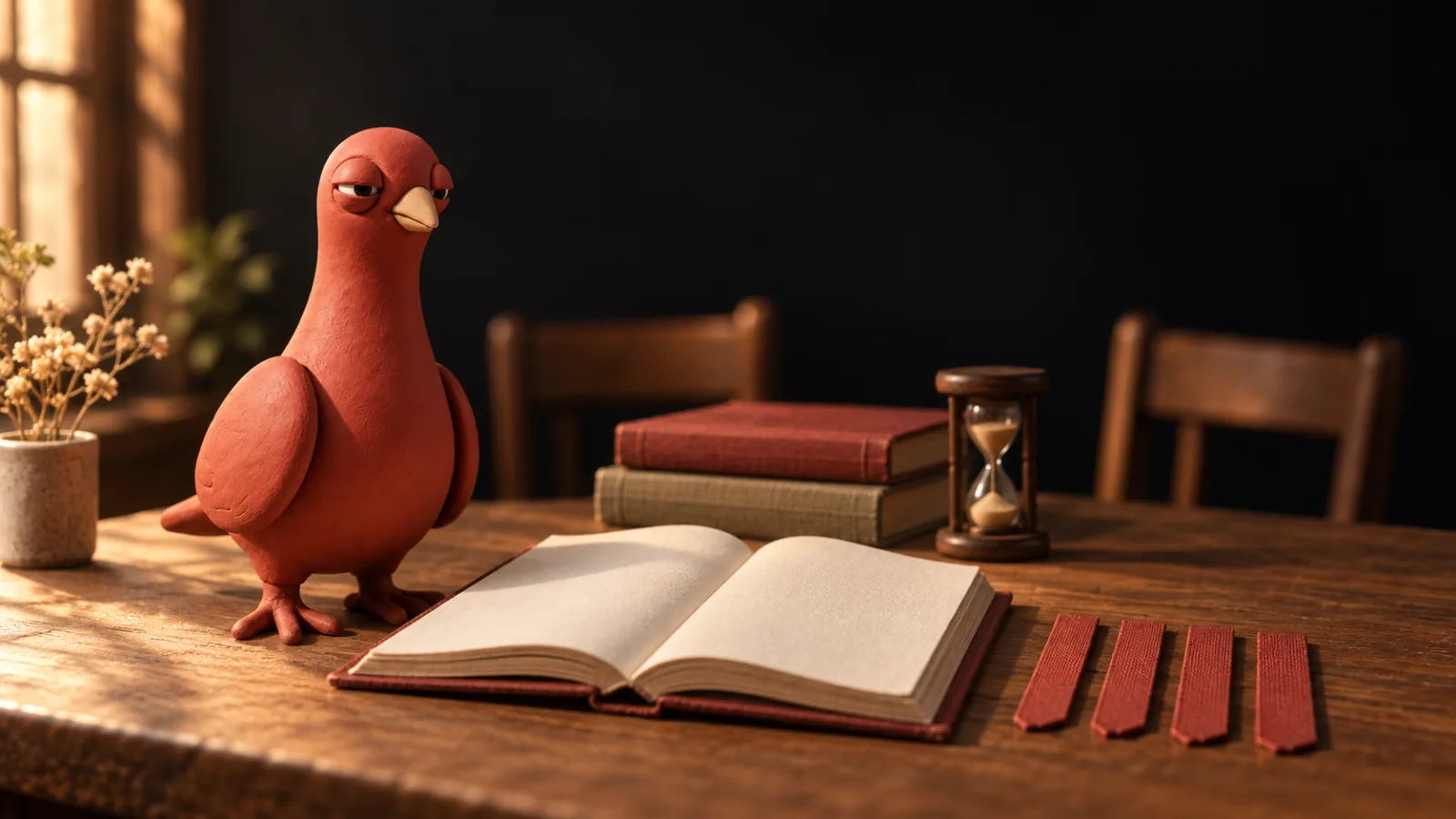 Pingo, the terracotta-red clay pigeon, stands beside an open blank book, four red bookmarks, a small hourglass, and a stack of books on a reading table.