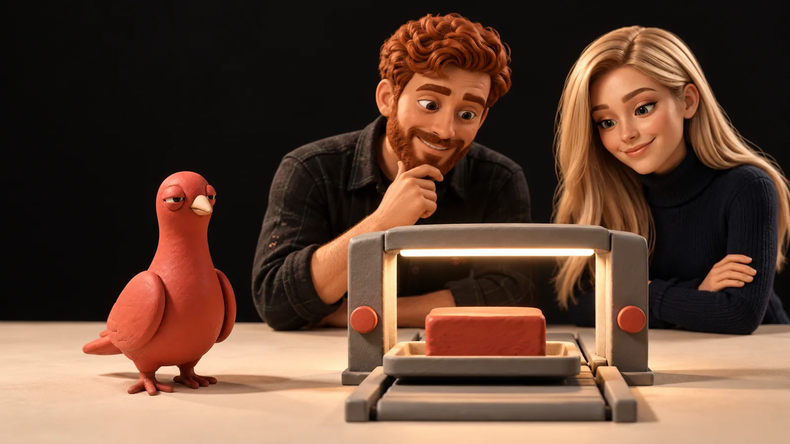 Two PingRoom avatars inspect one finished clay build token while Pingo watches beside a small verification gate.