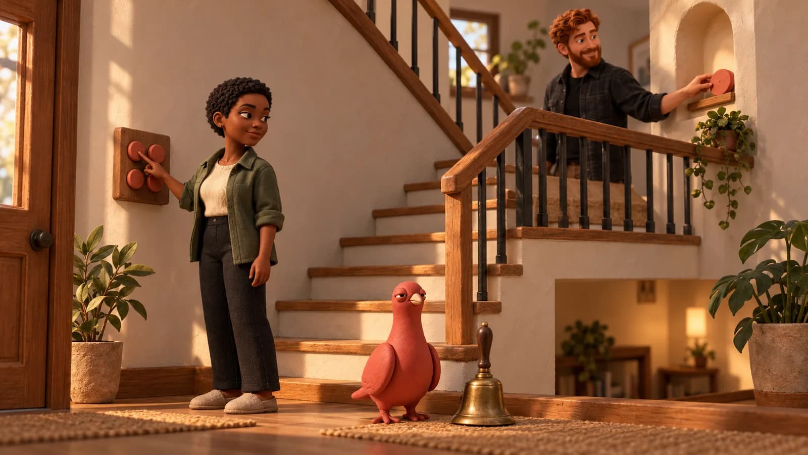 Two adult household members exchange a quiet signal across a miniature stairwell while Pingo waits beside an unused brass handbell.