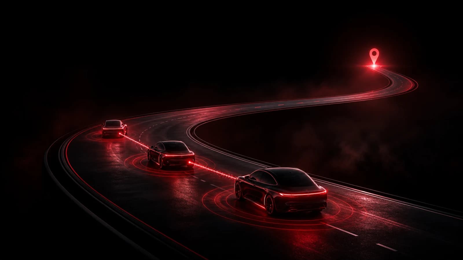 Several dark cars linked by a red signal along a winding night road.