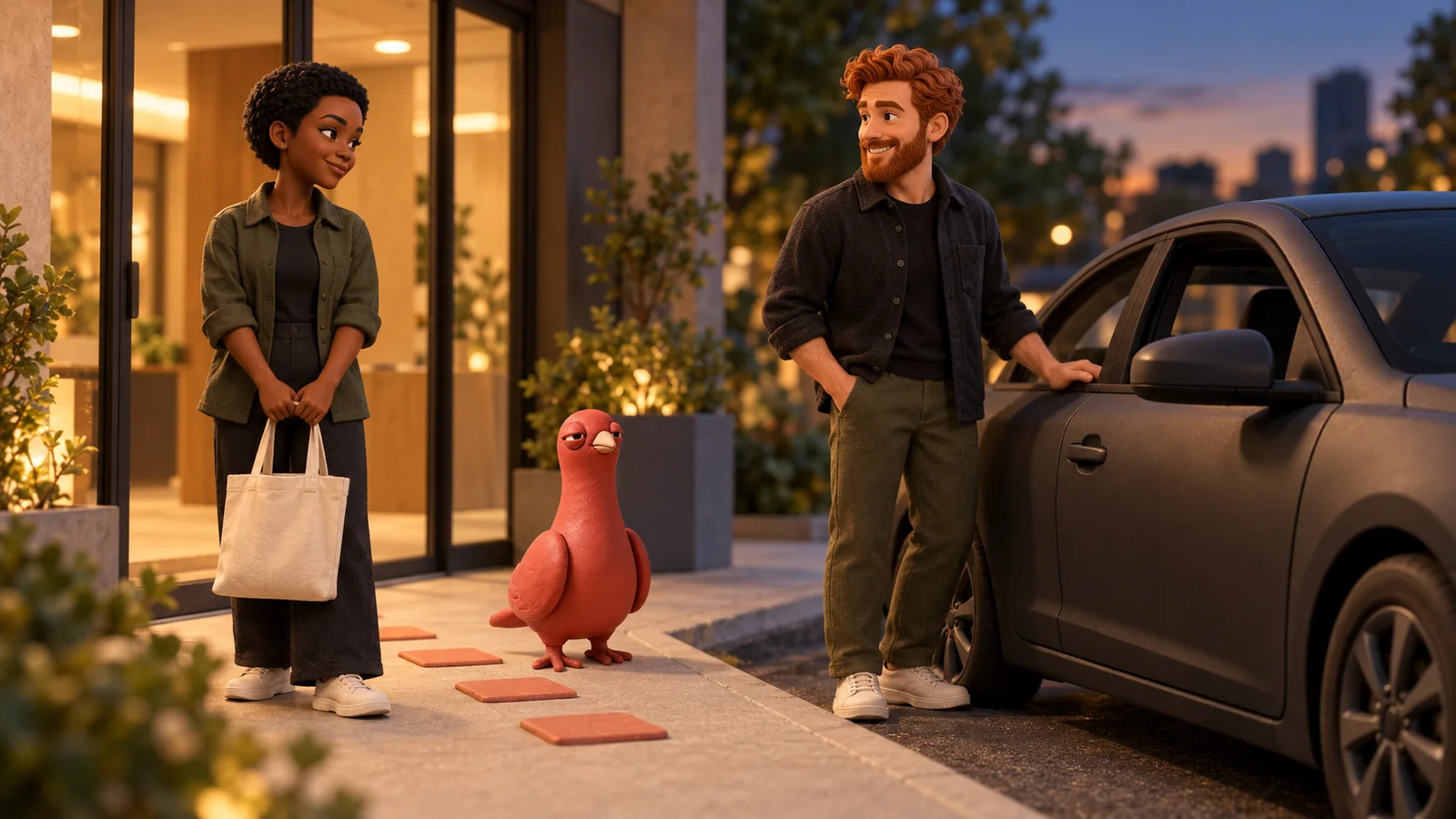 Two coworkers meet beside a parked miniature car at an office pickup bay while Pingo watches the handoff.