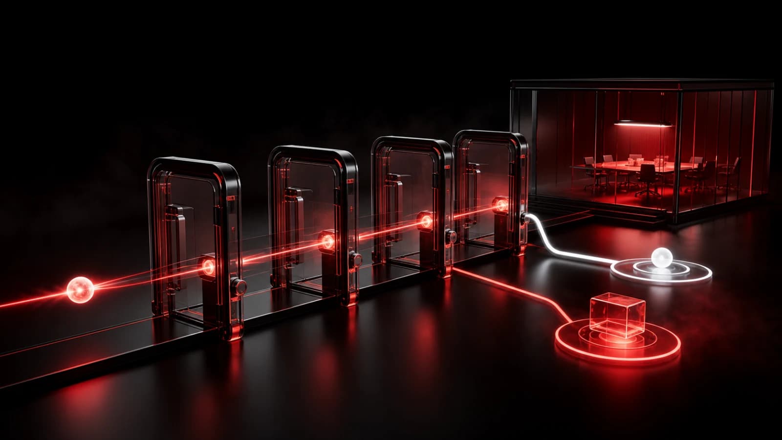 A dark deployment pipeline crossing red checkpoints toward a team phone.