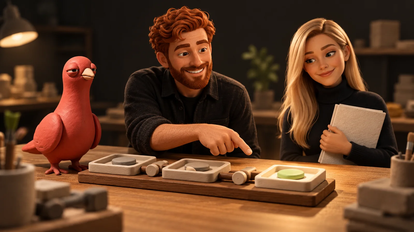Two PingRoom avatars inspect the final token on a clay workflow track while Pingo watches beside a closed release folio.