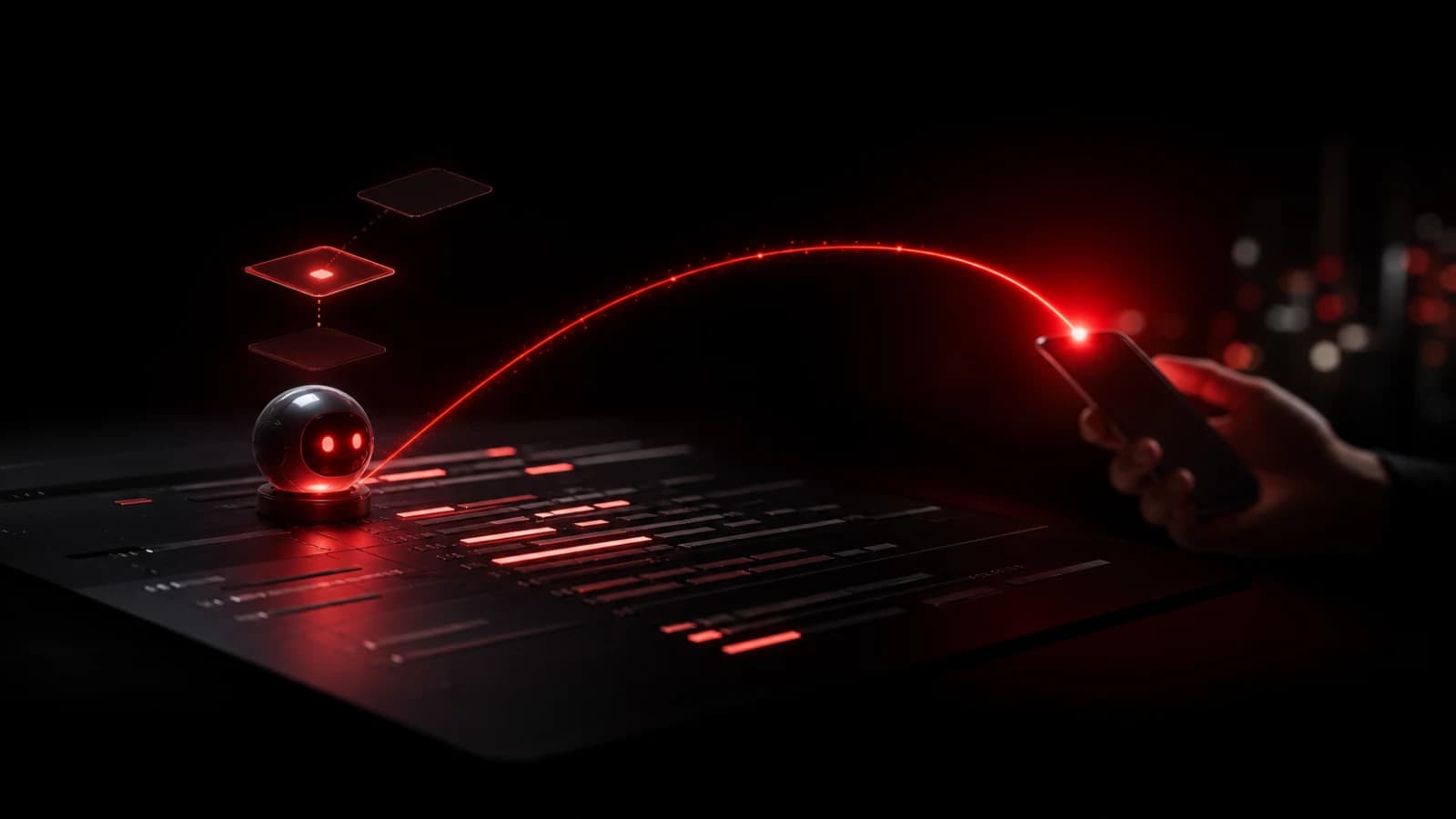A dark coding terminal sending a focused red input request to a nearby phone.