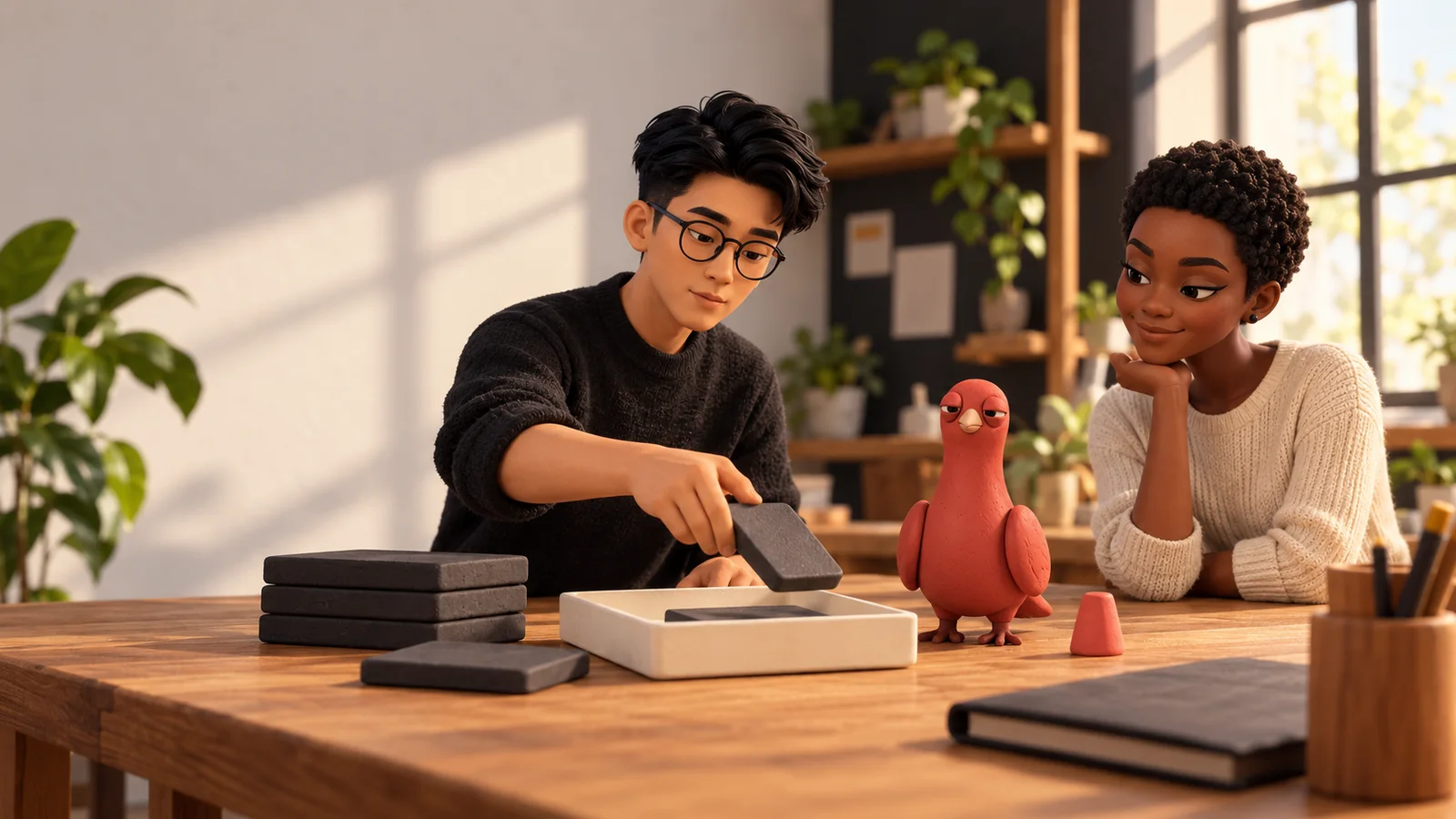 Two PingRoom avatars move a plain task tile into a warm ivory review tray while Pingo watches from the project table.