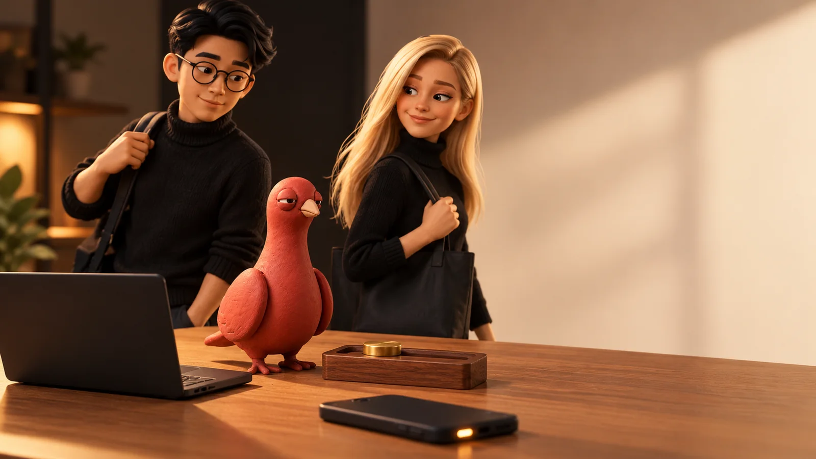 Two PingRoom avatars leave a desk as Pingo watches a brass turn token beside an open laptop and a face-down phone.