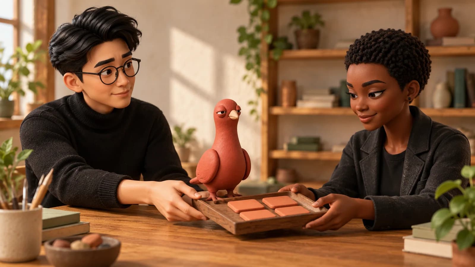 Pingo stands between two PingRoom teammates as they exchange a wooden tray holding four terracotta message tiles.