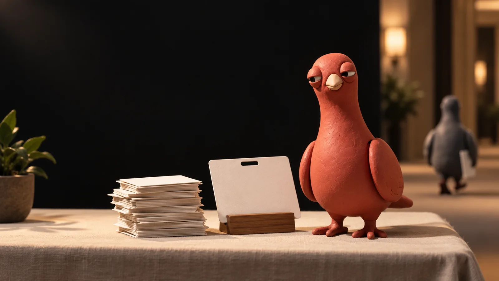Pingo the Pigeon stands beside a blank conference badge and a stack of business cards on a registration table.