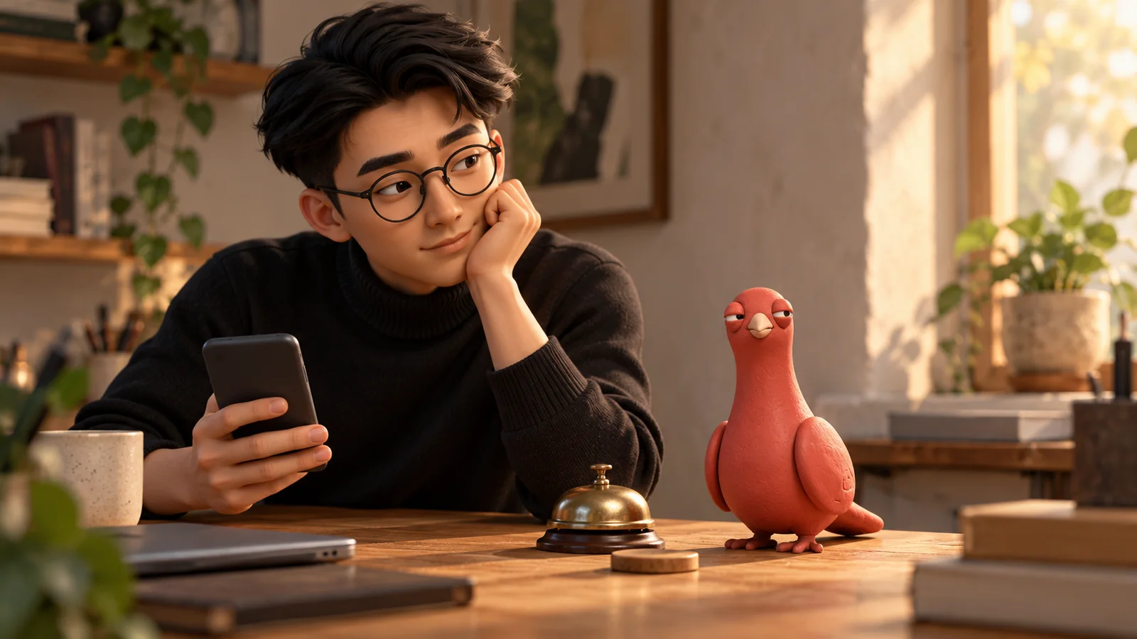 A PingRoom avatar returns to a quiet desk while Pingo waits beside a small brass signal bell.