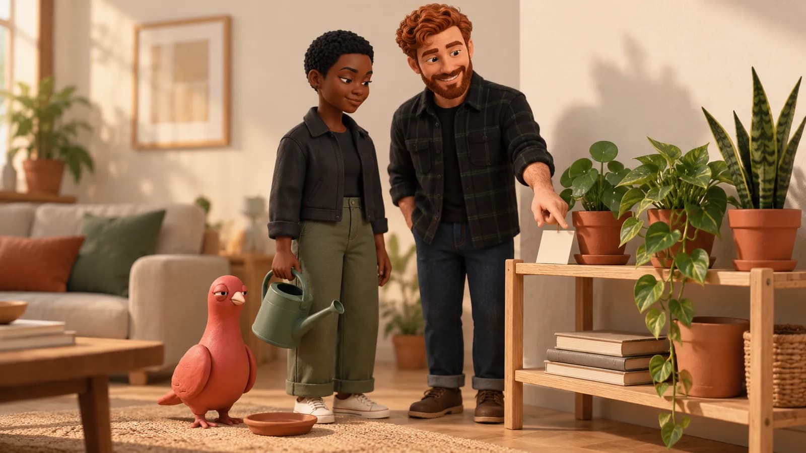Two housemates coordinate around a watering can and houseplants while Pingo watches from beside a plant stand.