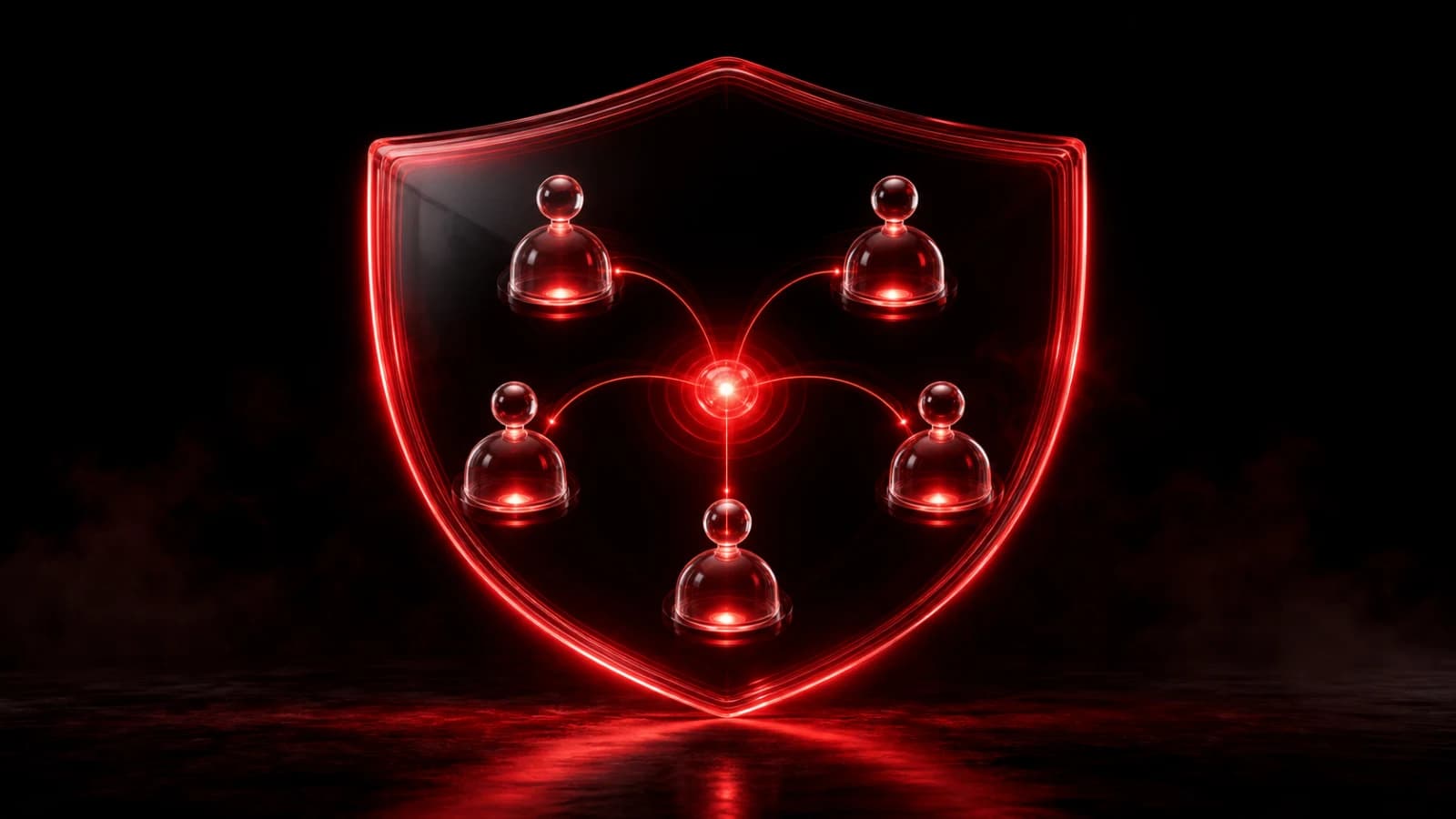 Five private receiver nodes connected inside a luminous red shield.