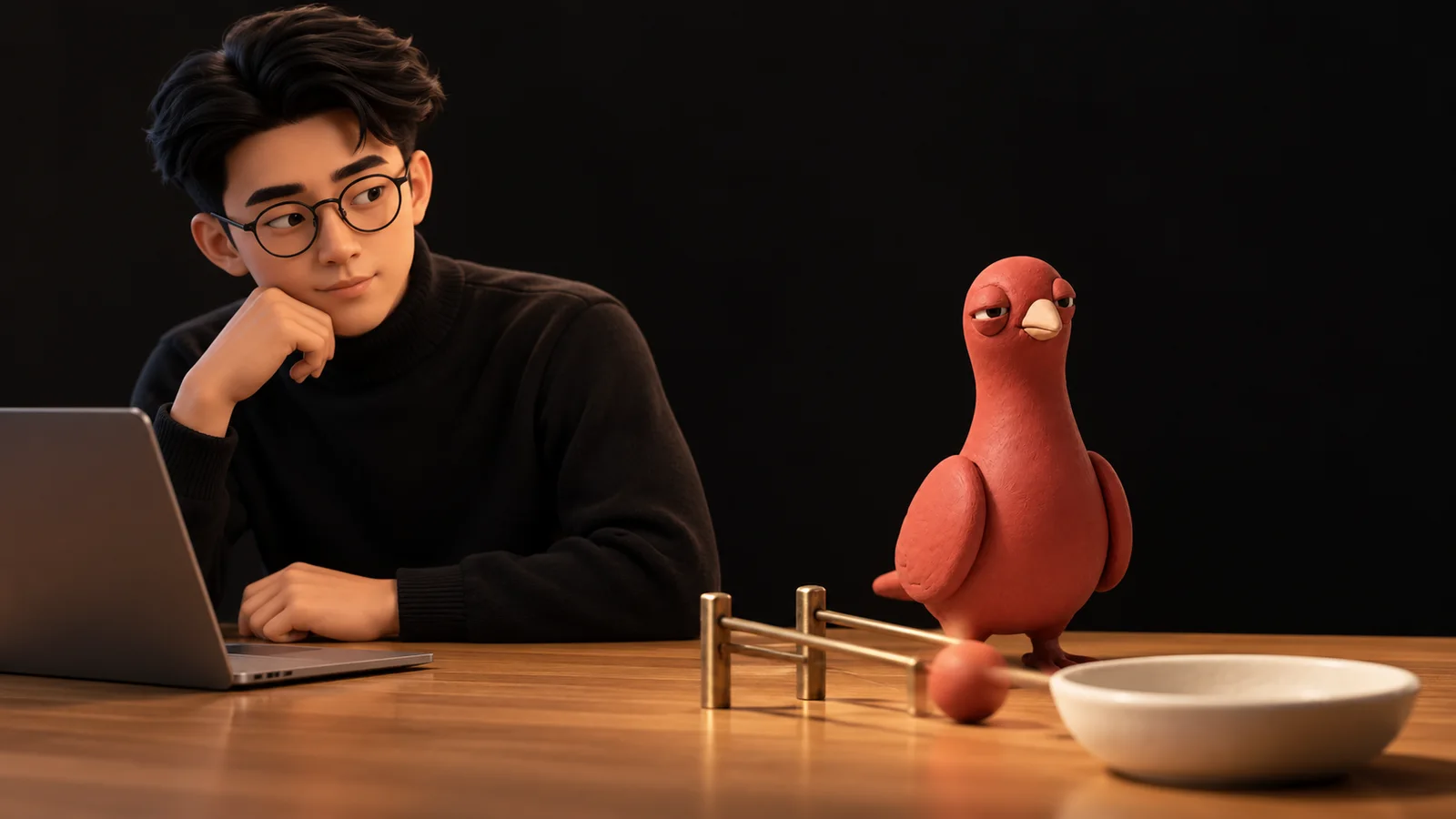 A PingRoom avatar steps away from a miniature workstation as Pingo watches a terracotta completion token travel toward a shared bowl.