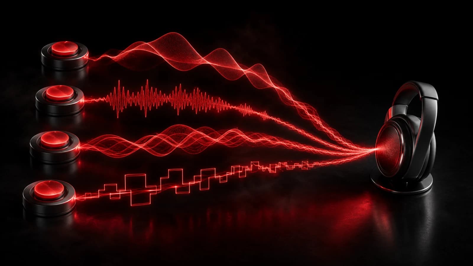 Several sculpted audio waves separated by distinct red notification rings.
