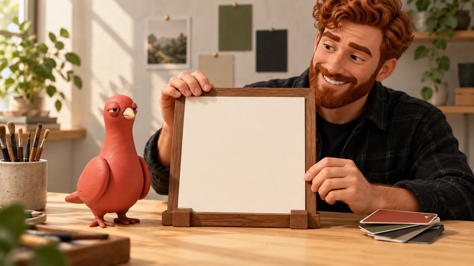 A PingRoom avatar holds a plain ivory proof card while Pingo inspects the clear margin around it.