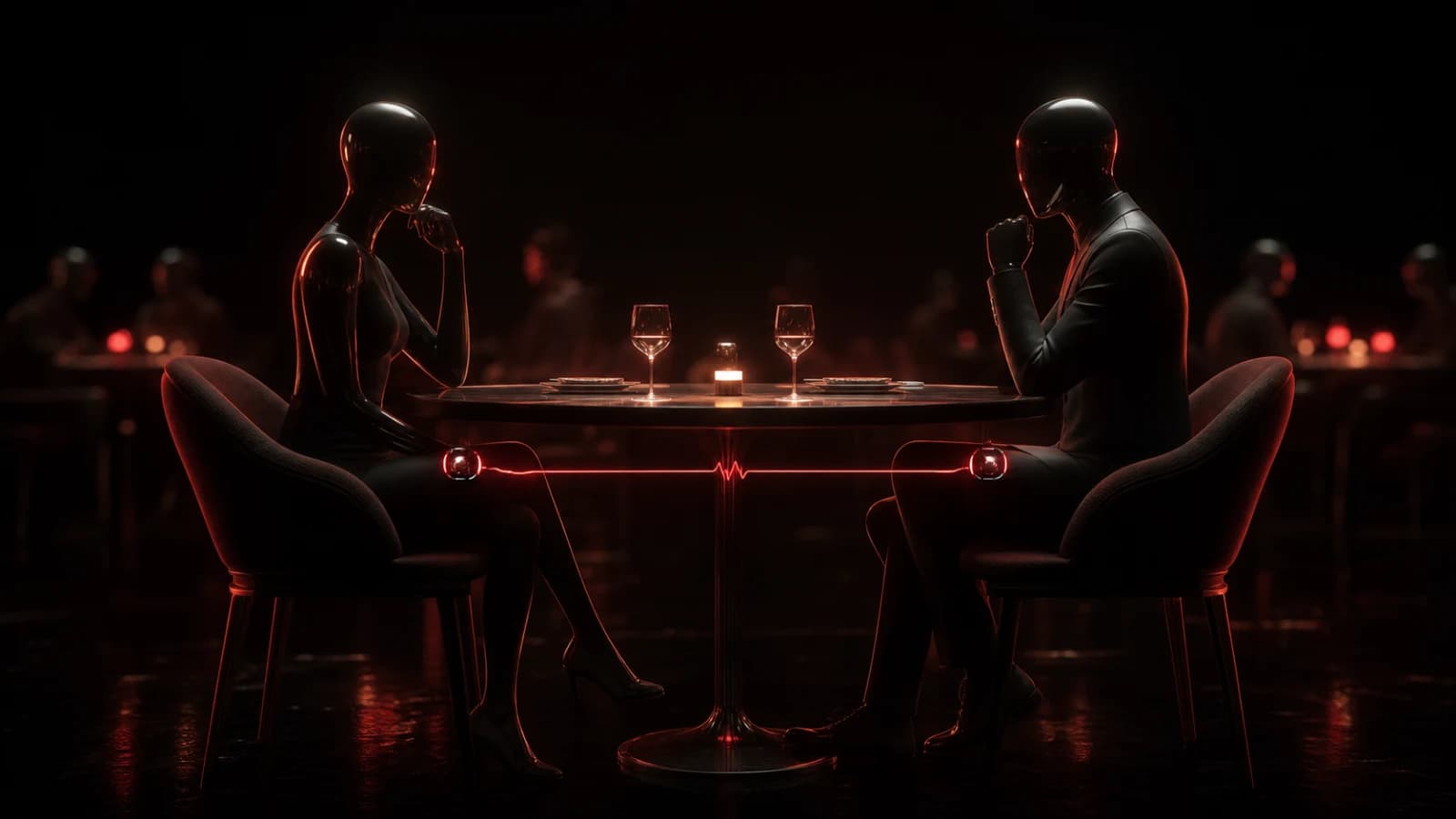Two subtle red light pulses passing between elegant dark wrist devices.