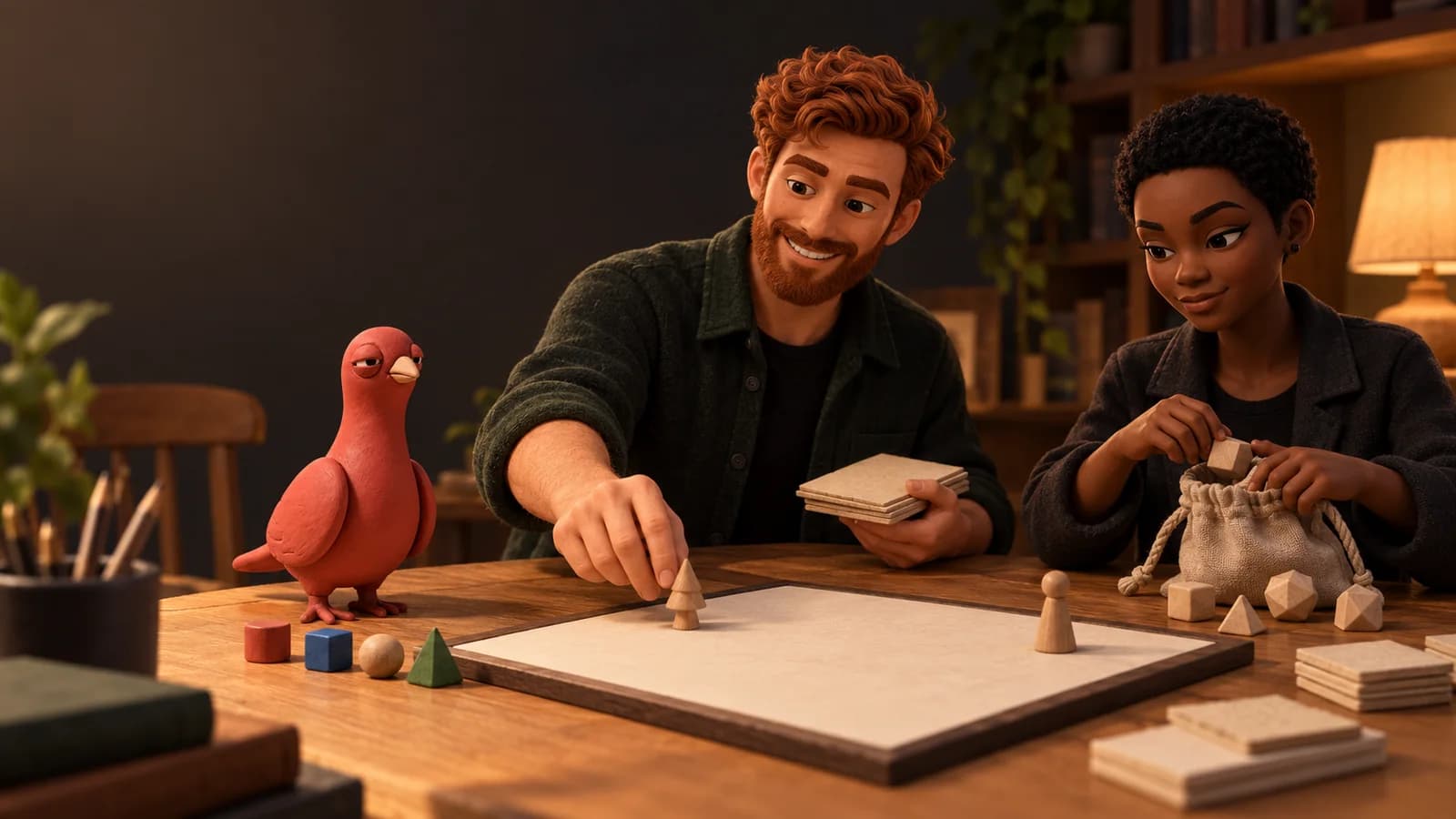 Two tabletop players prepare a game around a blank board while Pingo waits beside four plain session markers.