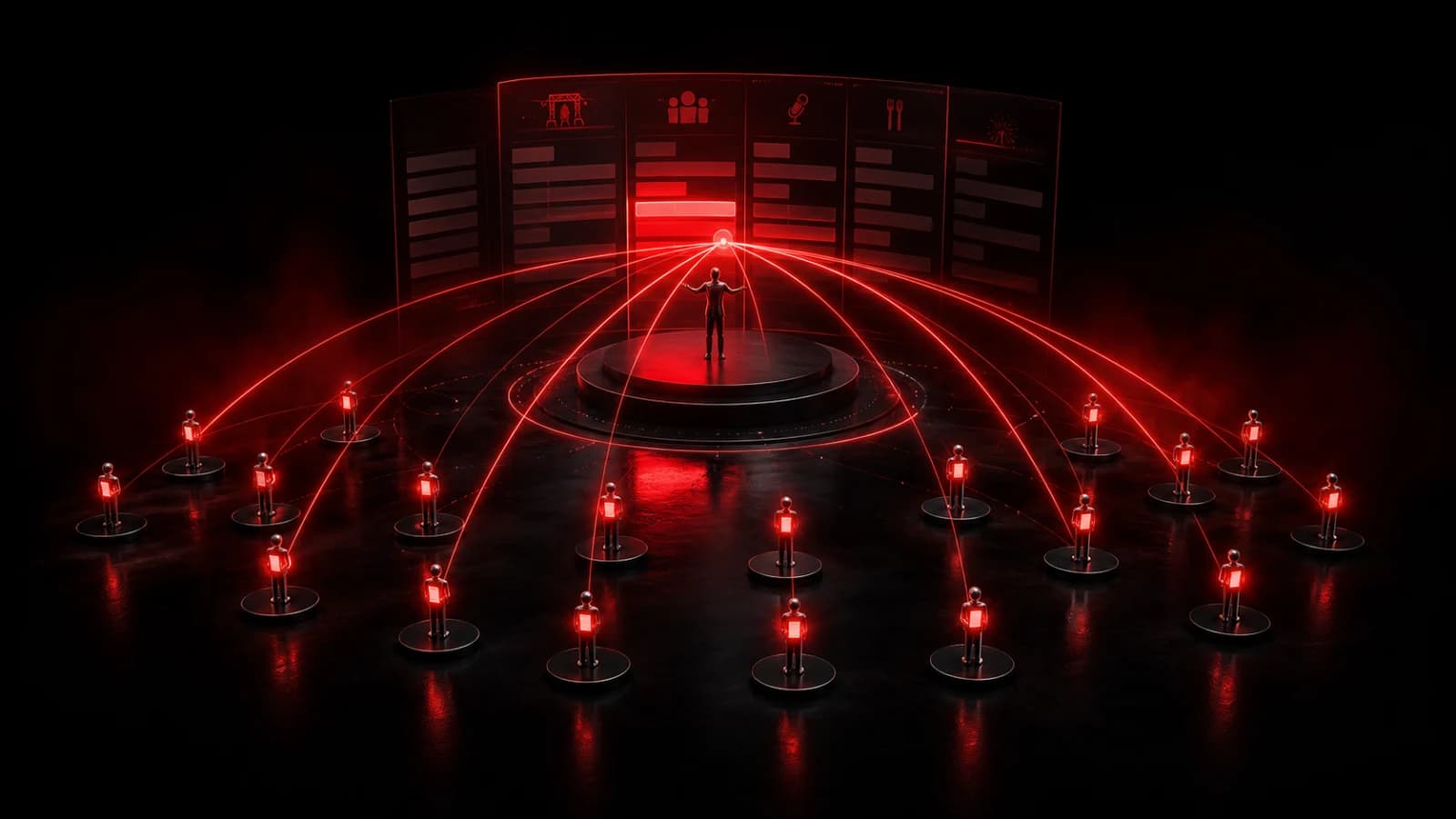 A dark event stage broadcasting concentric red notification rings to attendees.