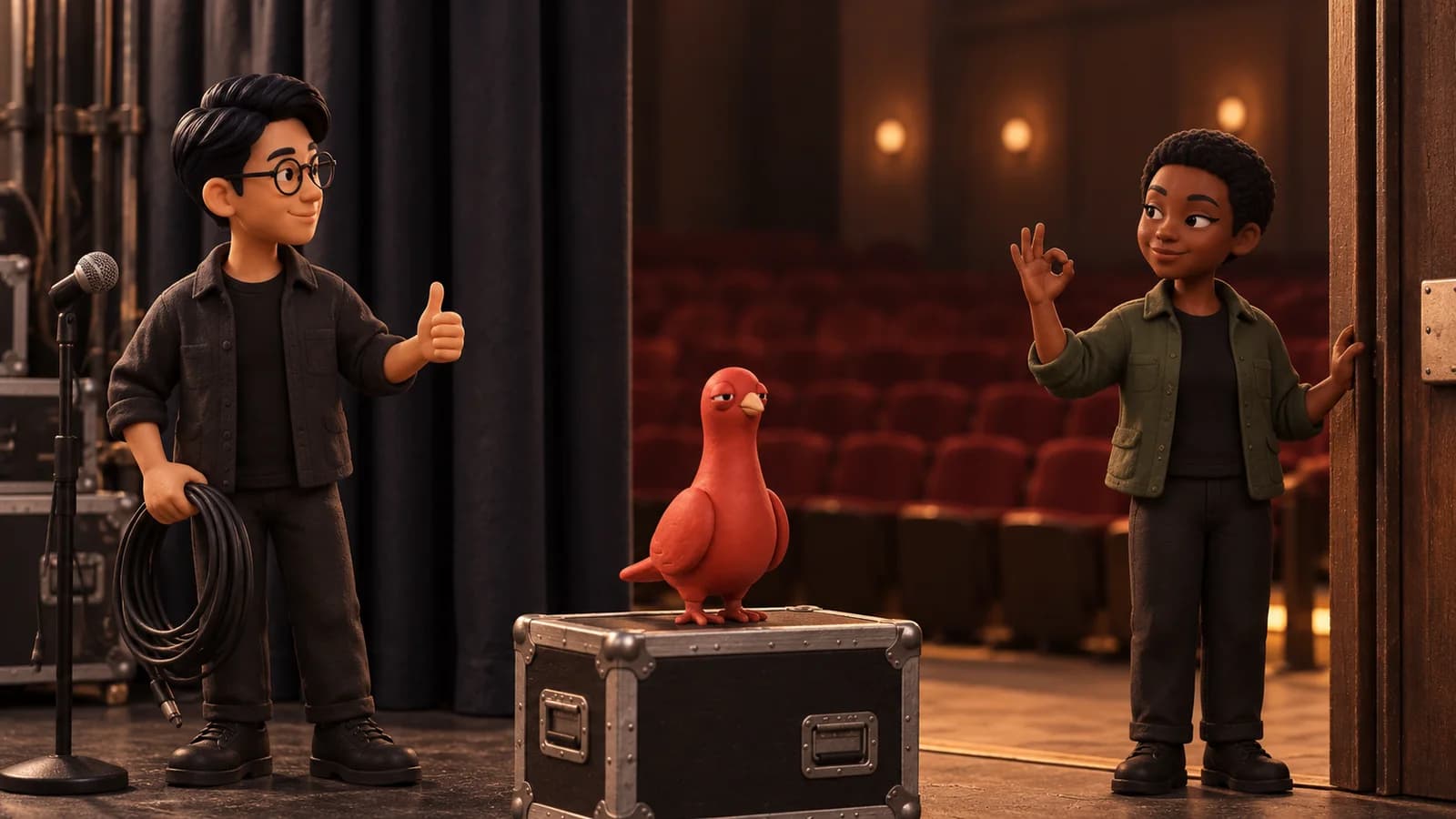 Two event crew members exchange a readiness signal across a stage doorway while Pingo watches from a road case.