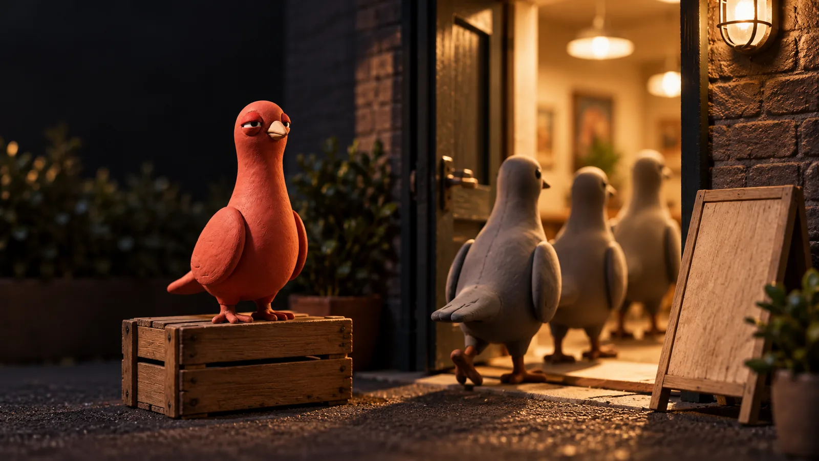 Pingo the Pigeon waits beside a venue side entrance as three gray clay pigeons arrive through the open door.
