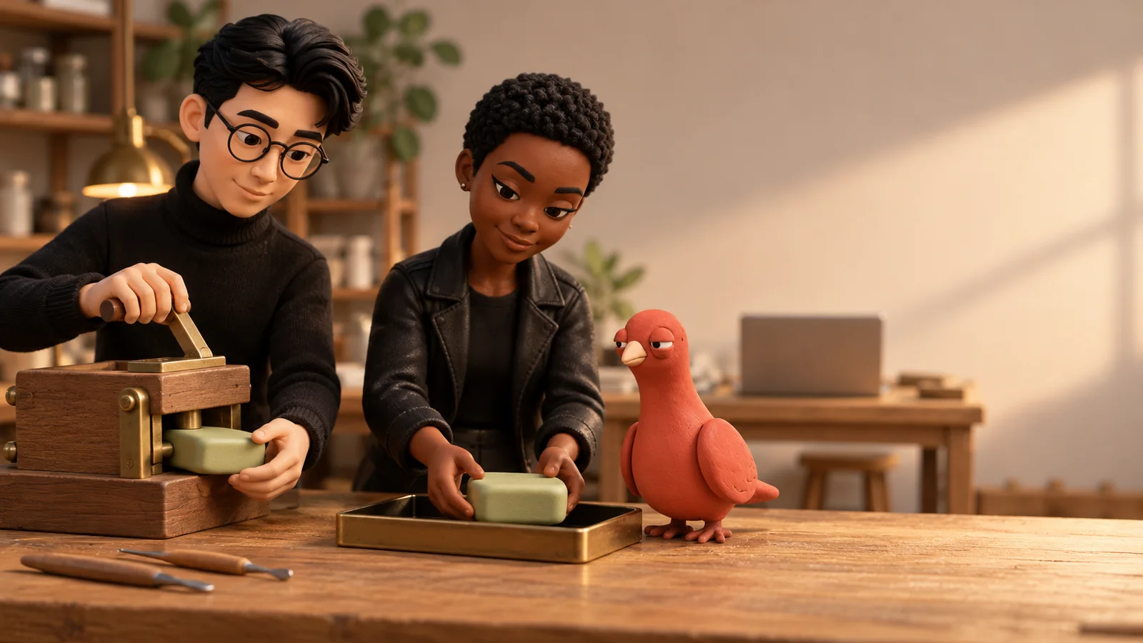 Two PingRoom avatars move a pale-green build token from a wooden press into a review tray while Pingo inspects it.