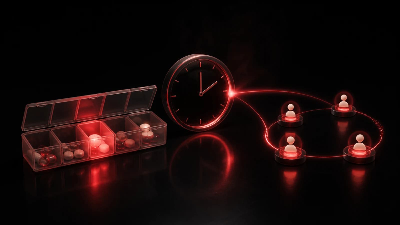 A minimal pill organizer beside a glowing red reminder pulse on black glass.