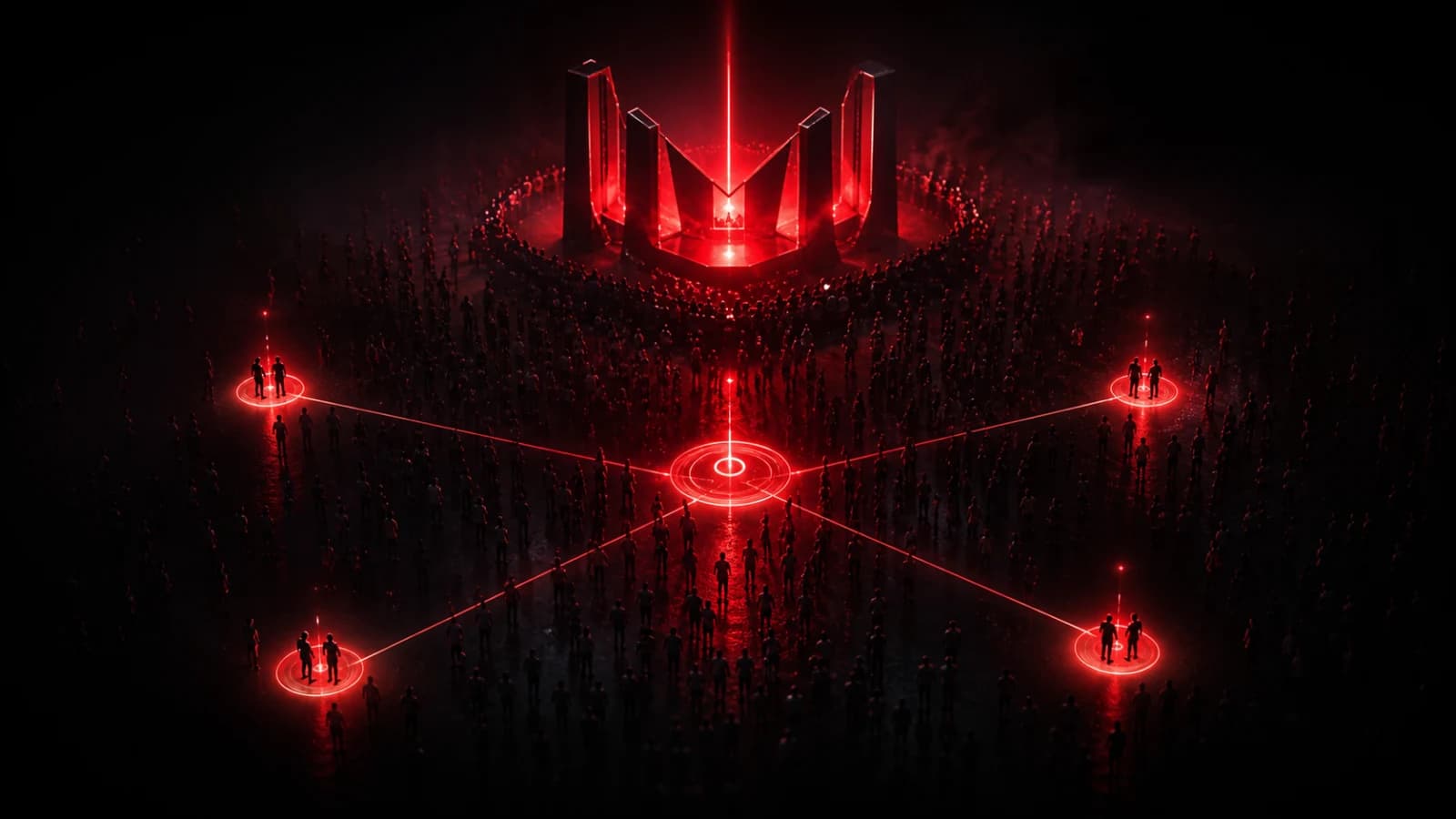 A crowd of dark silhouettes converging on one luminous red festival beacon.