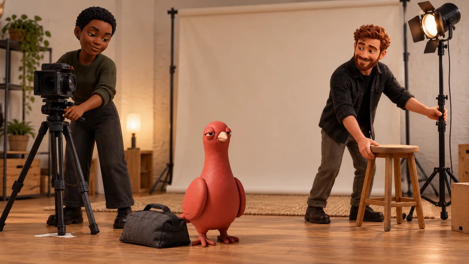 Two video crew members reset a small studio between takes while Pingo watches beside the camera position.
