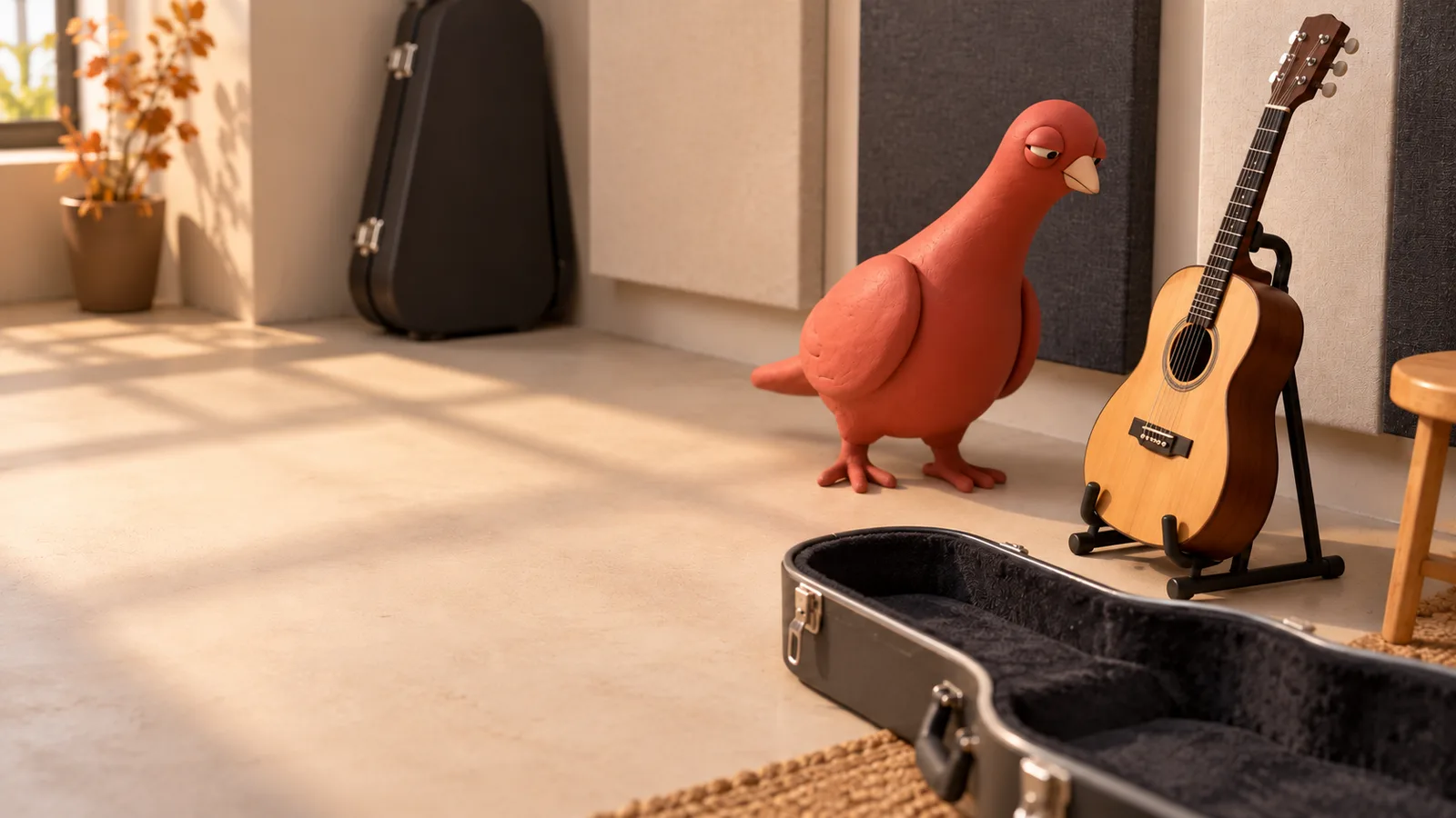 Pingo leans toward a guitar in a sunlit rehearsal studio, with an open instrument case in the foreground.