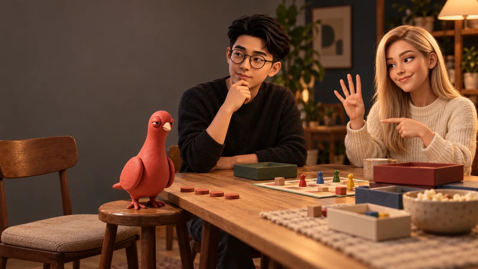 Two friends discuss the plan around a warm board-game table while Pingo watches an empty chair and four plain clay tokens.