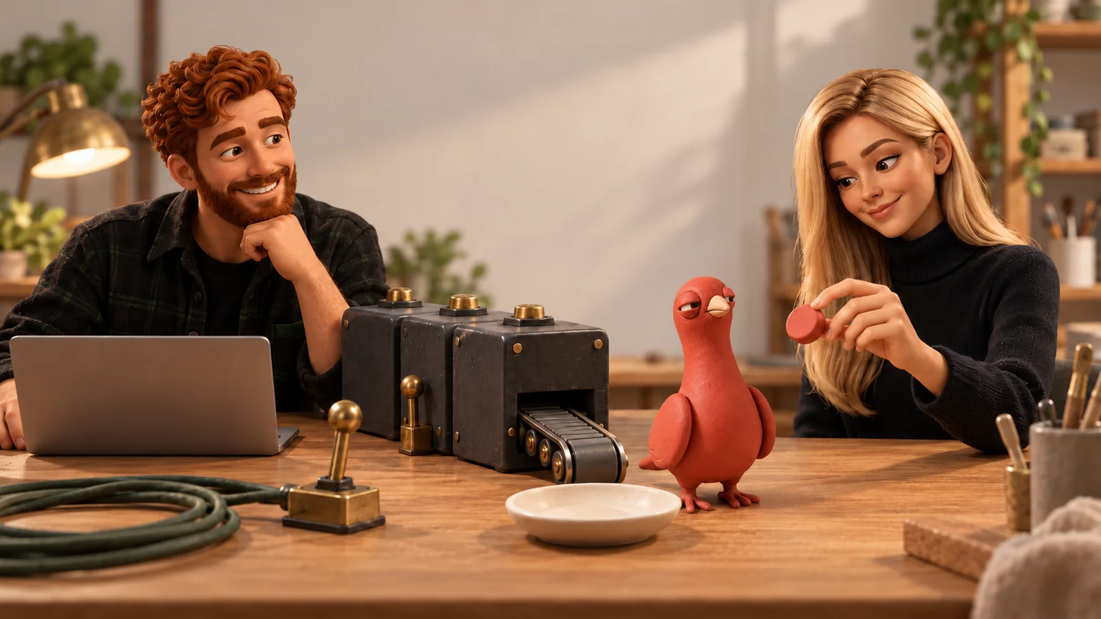 Two PingRoom avatars inspect one finished build token at a miniature workbench while Pingo watches beside a plain laptop.