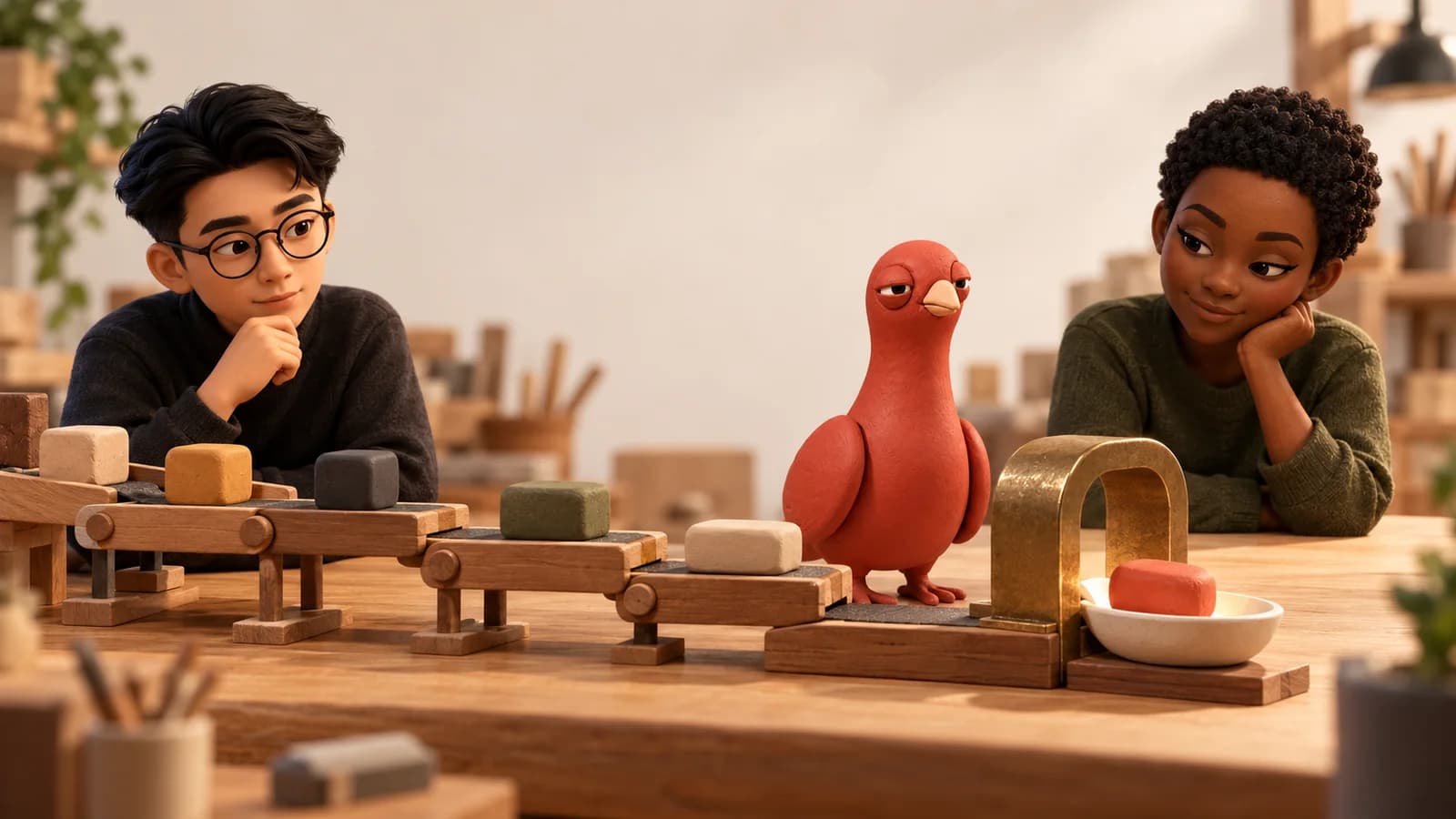 Two PingRoom avatars watch a miniature pipeline end at one result dish while Pingo stands beside the terminal arch.