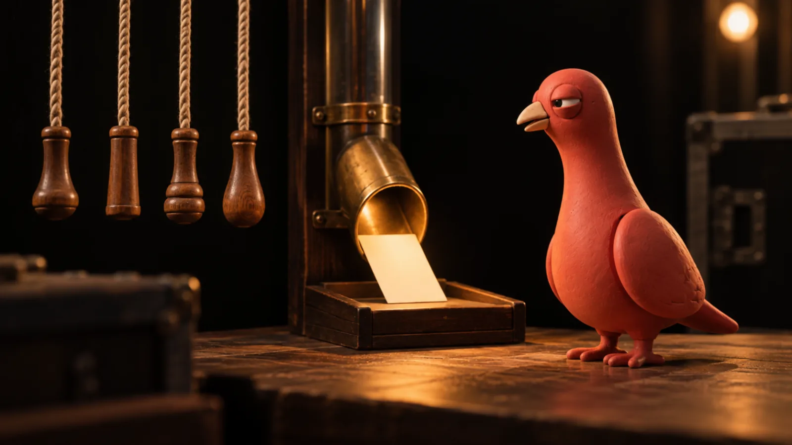 Pingo, the terracotta-red clay pigeon, watches a blank card arrive through a brass tube beside four hanging wooden bell pulls.
