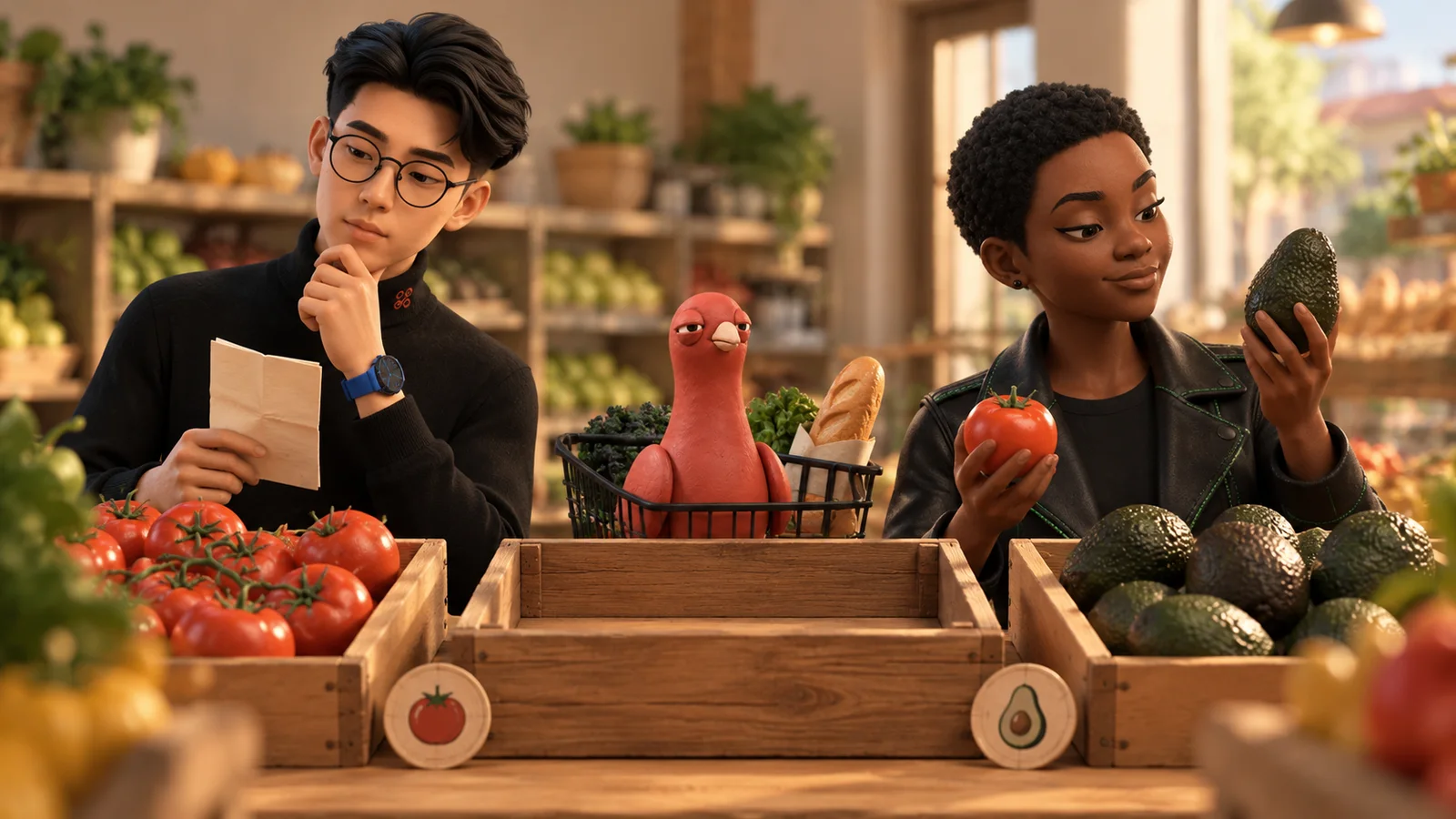 Pingo and two friends compare grocery substitutes beside an empty produce crate.