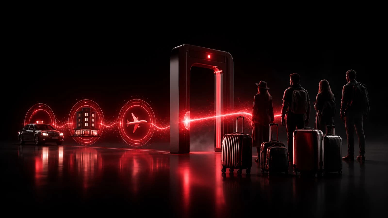Luggage and a departure path connected by crisp red notification lights.